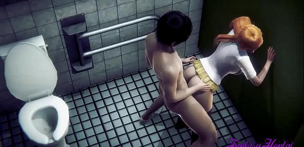  Bleach Hentai - Orihime in the Toilet boobjob and fucked - Anime Manga Japanese Cartoon 3D Porn